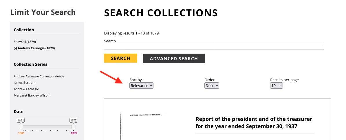 An arrow pointing at the location of the ordering options