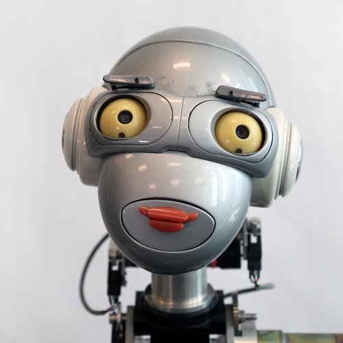 A close-up image of a robotic head